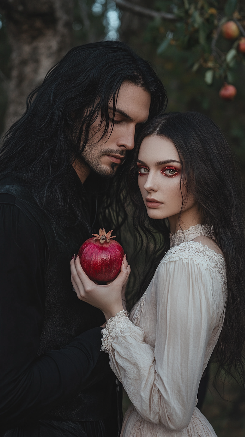 Handsome man in gothic clothes and beautiful woman outdoors.