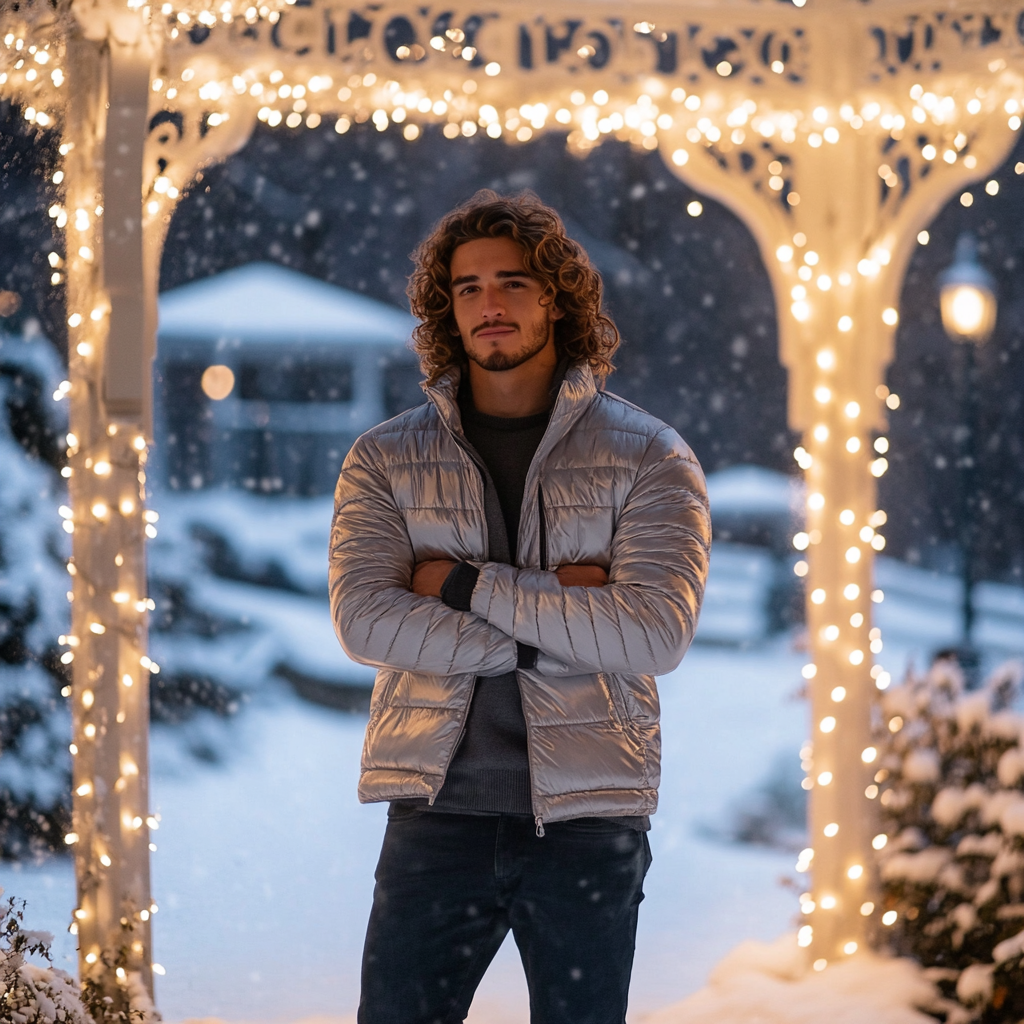 Handsome man in silver coat at snow gazebo.