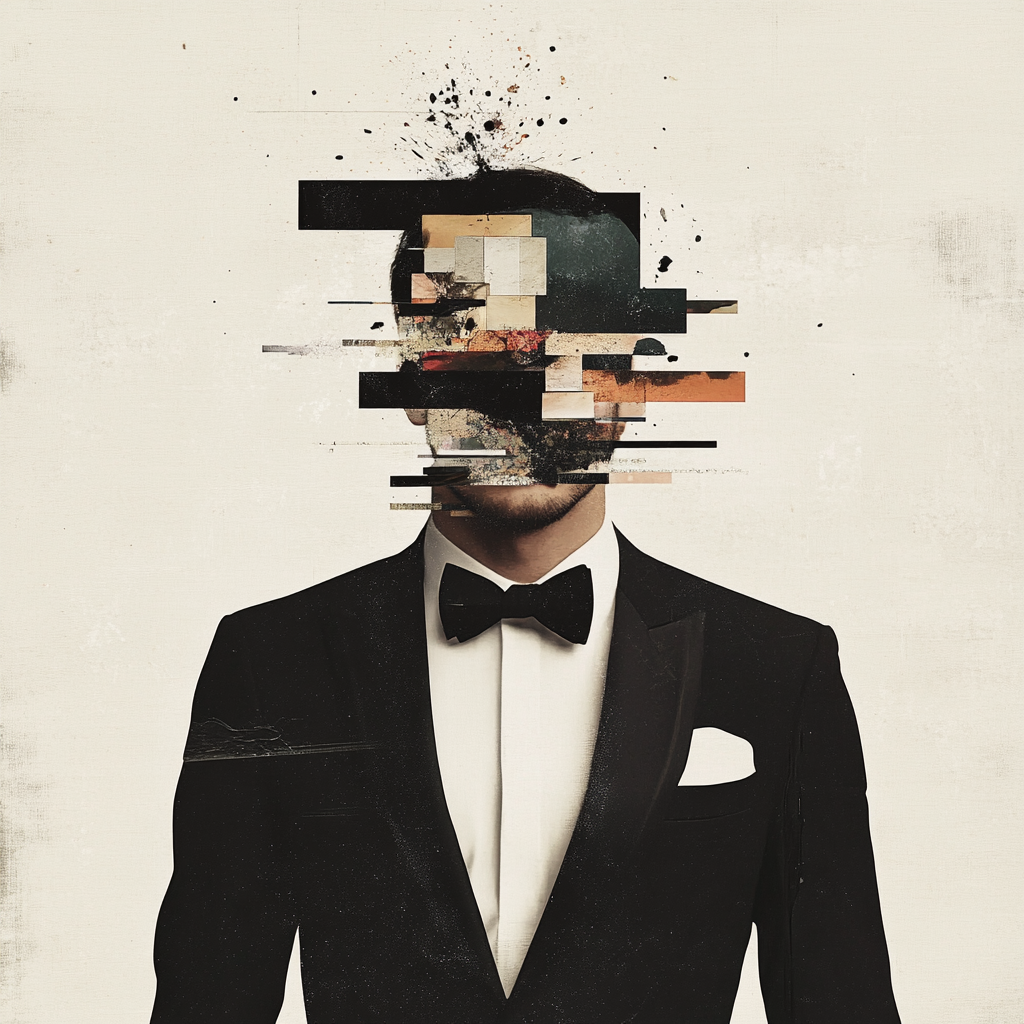 Handsome man in tuxedo, surreal collage, abstract pieces.