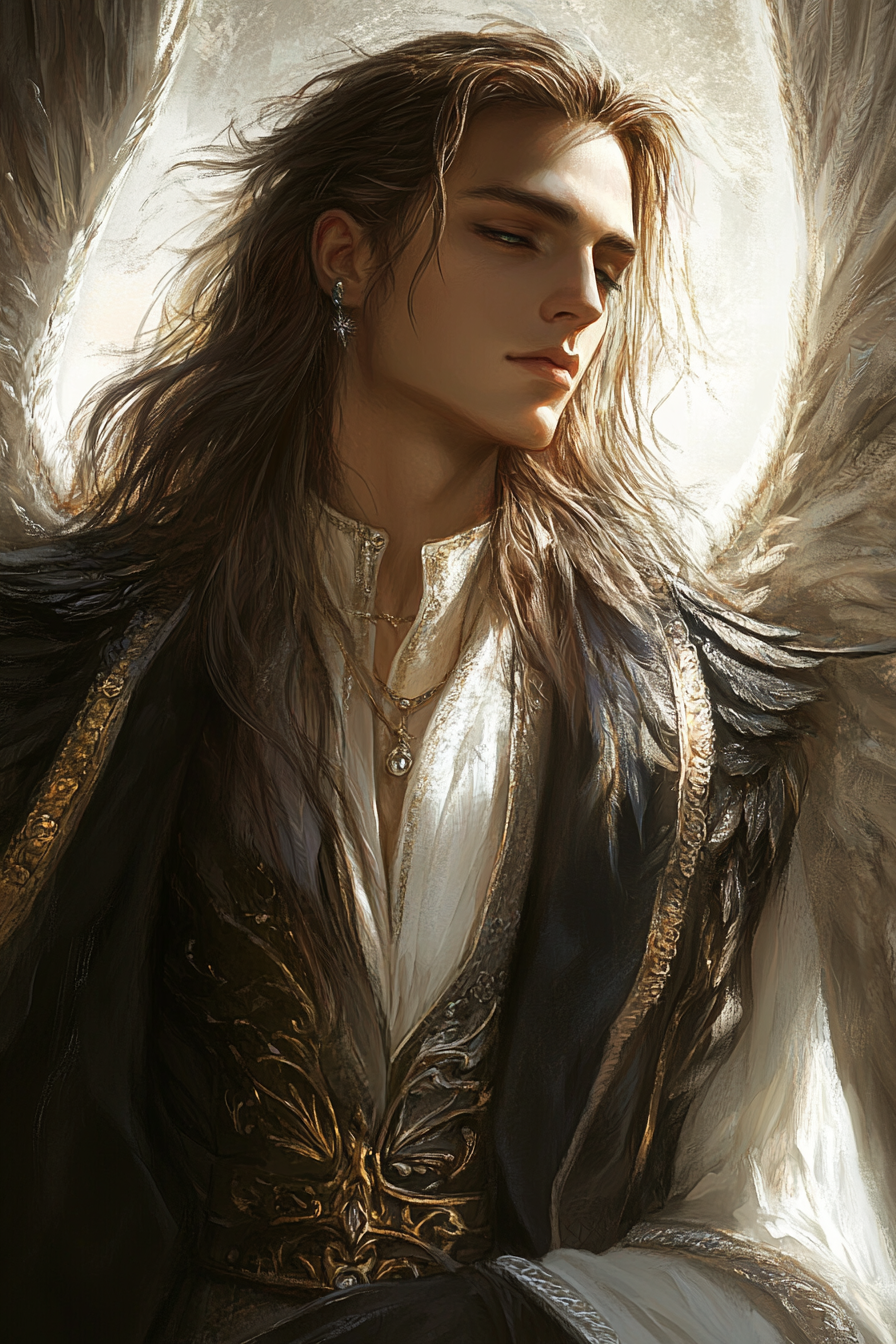 Handsome man in winged clothes, detailed, fantasy illustration.