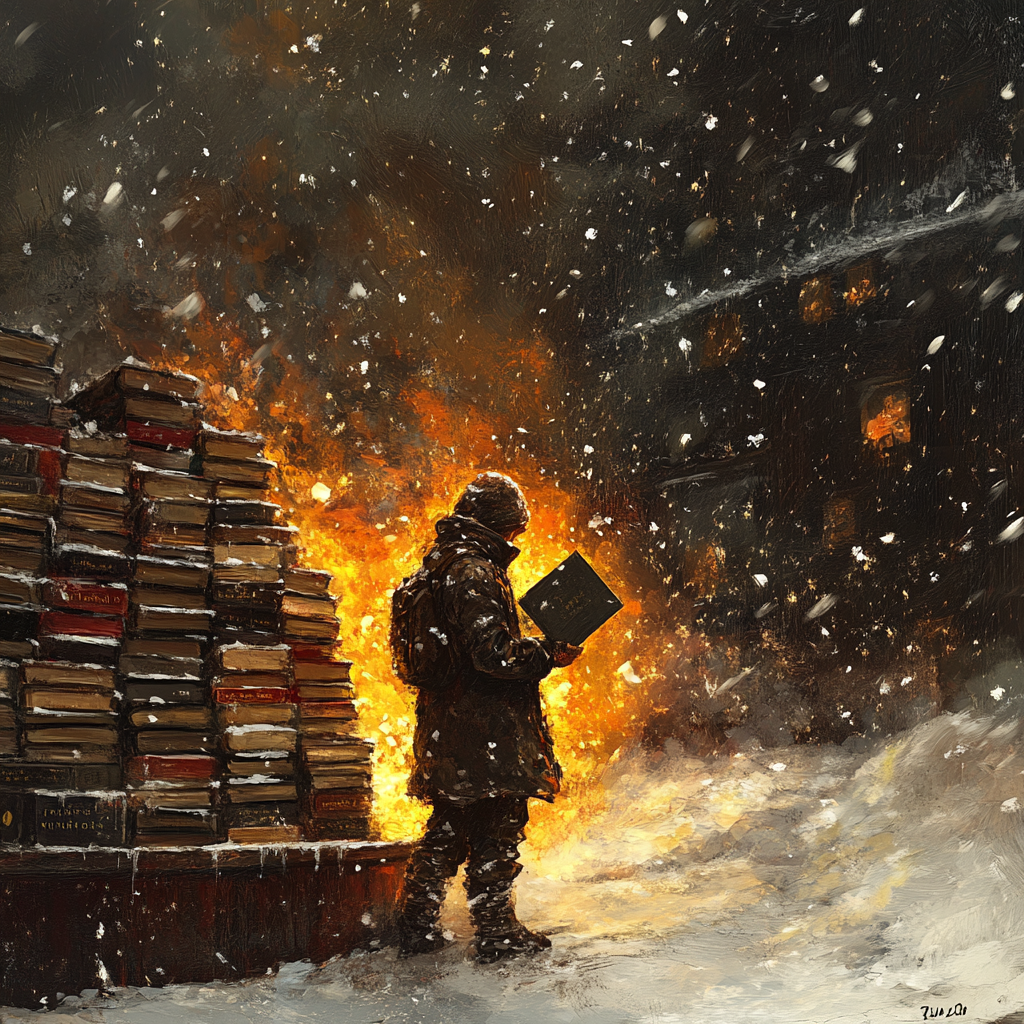 Handsome man warms by fire from burning books