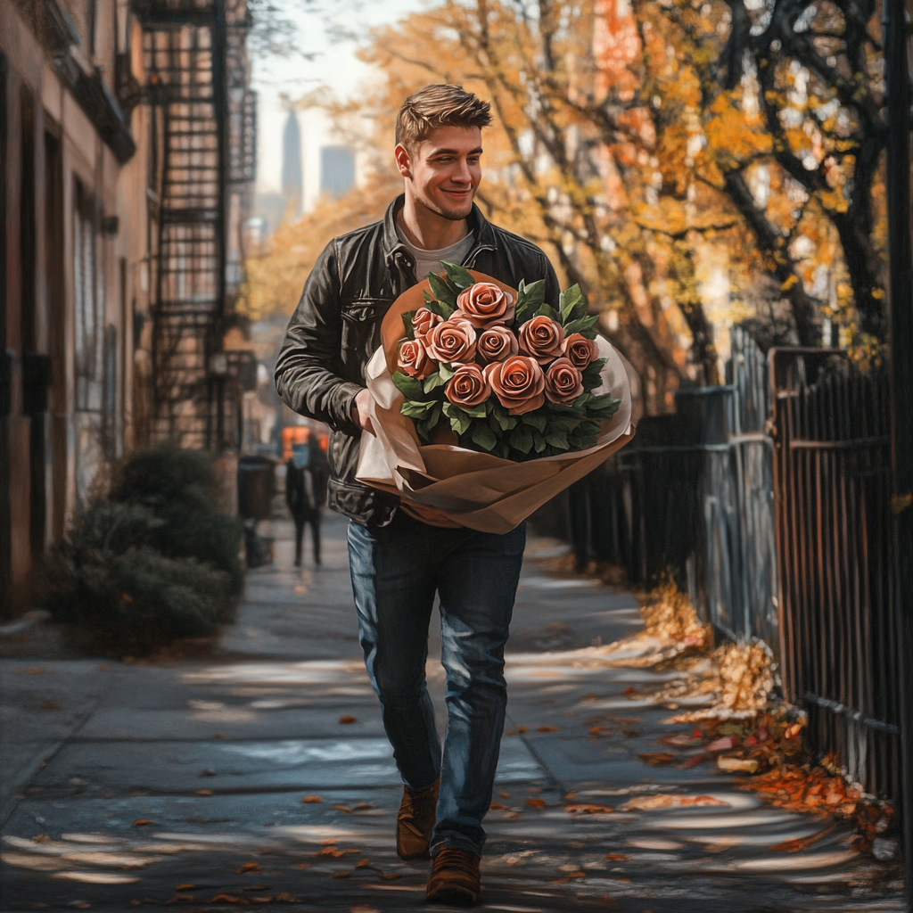 Handsome man with milk chocolate roses for girlfriend in Bronx.