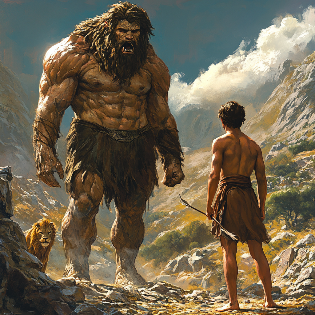 Handsome teen David faces angry, 13-foot Goliath in valley.