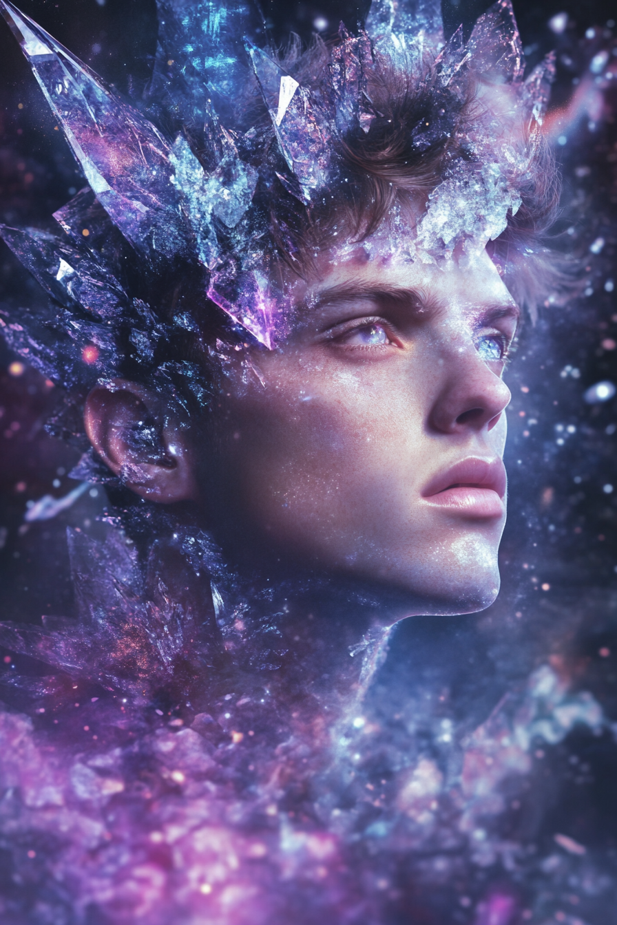 Handsome young man in crystal clothing, galaxy background.