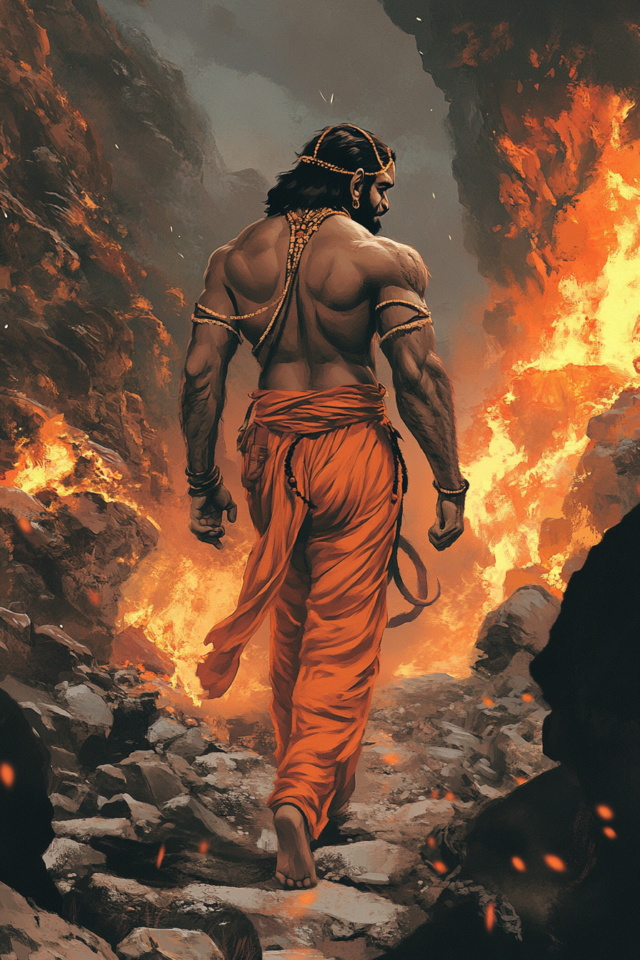 Hanuman struts confidently, surrounded by fiery mountains.