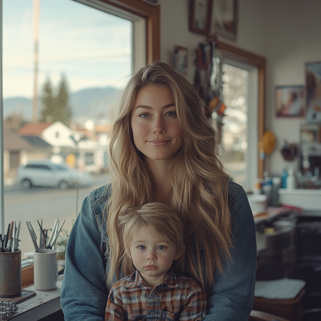Happy 26-year-old woman in hair salon with child, scissors, tea, town, Canon EOS R camera, 50mm f/1.8 lens, f/2.2 aperture, shutter speed 1/200s, ISO 100.