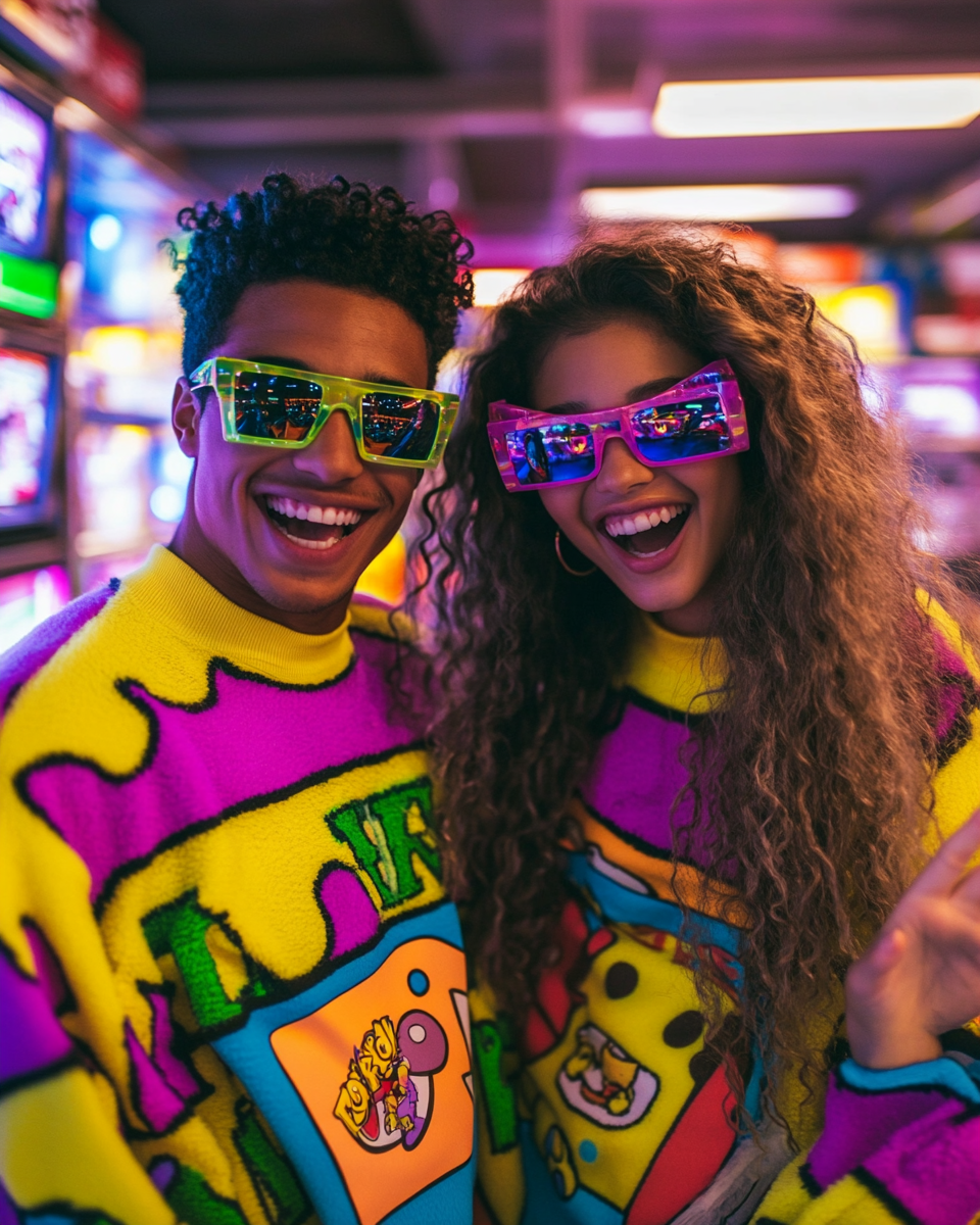 Happy 90s Couple in Neon Jumpers at Blockbuster