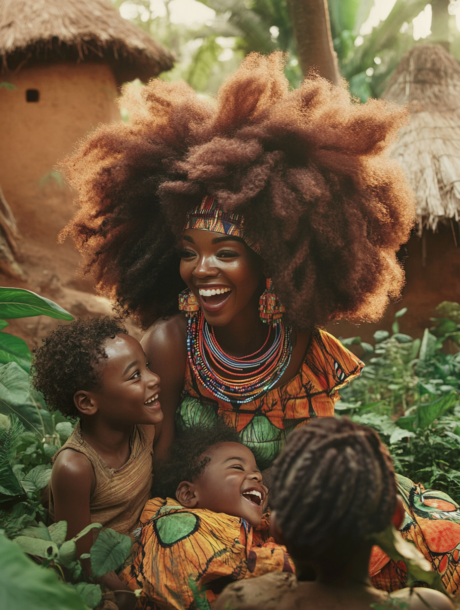 Happy African woman with big hair playing with children.