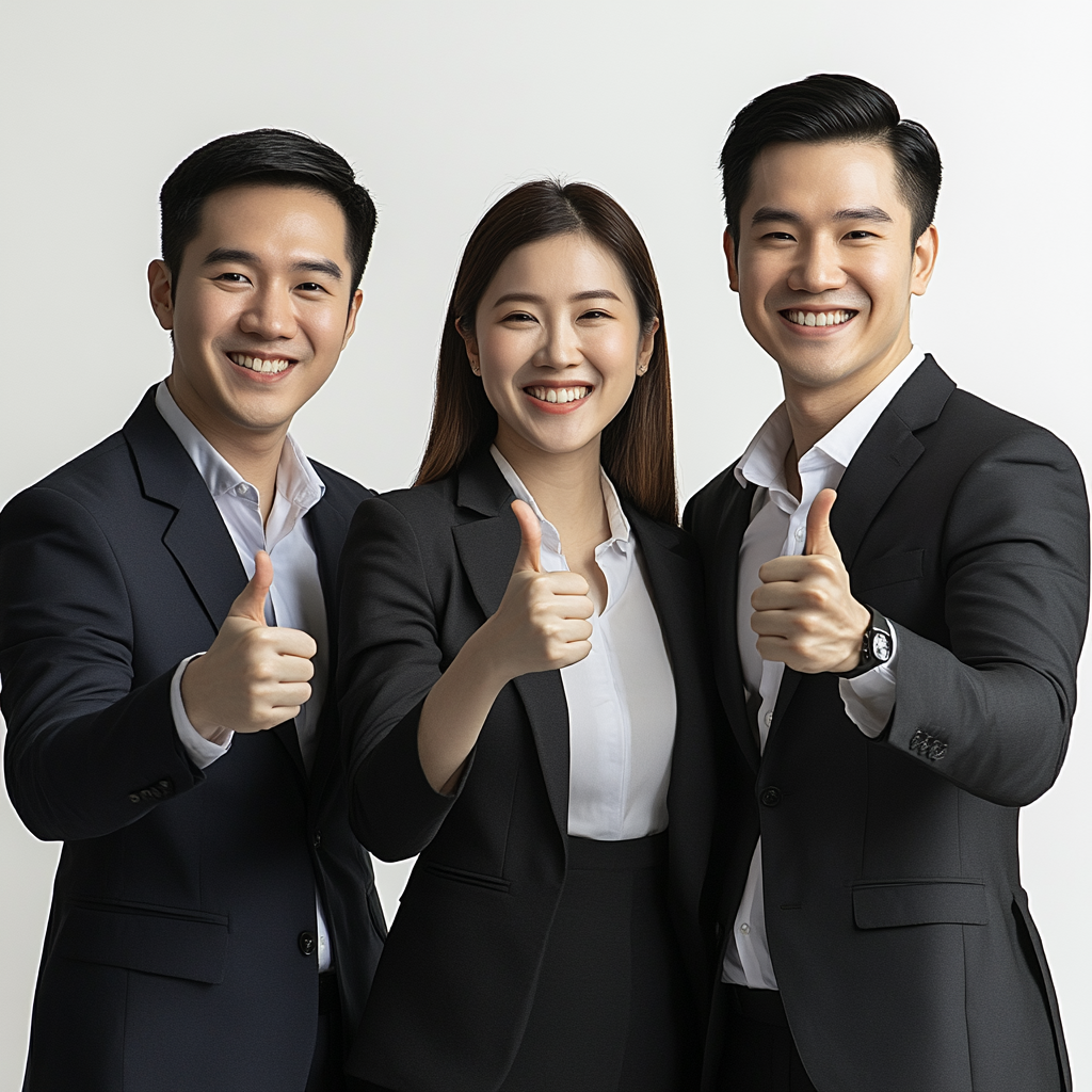 Happy Asian business trio smiling and giving thumbs up.