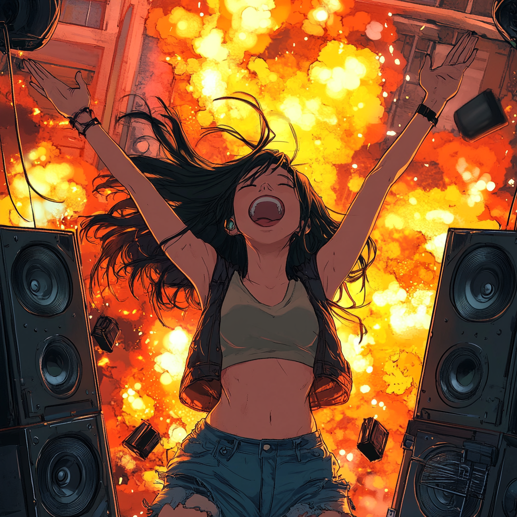 Happy Asian girl in detailed EDM album cover