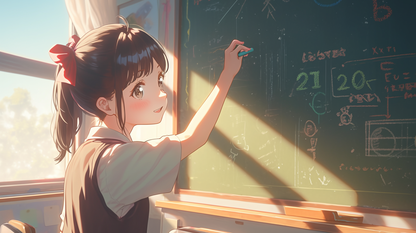 Happy Asian girl solving math problems on chalkboard.