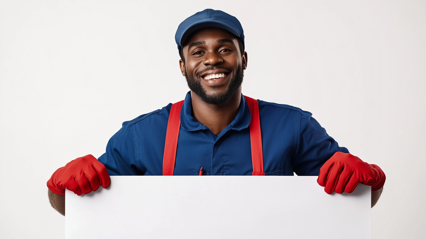 Happy Black mechanic with white banner, modern photography style.