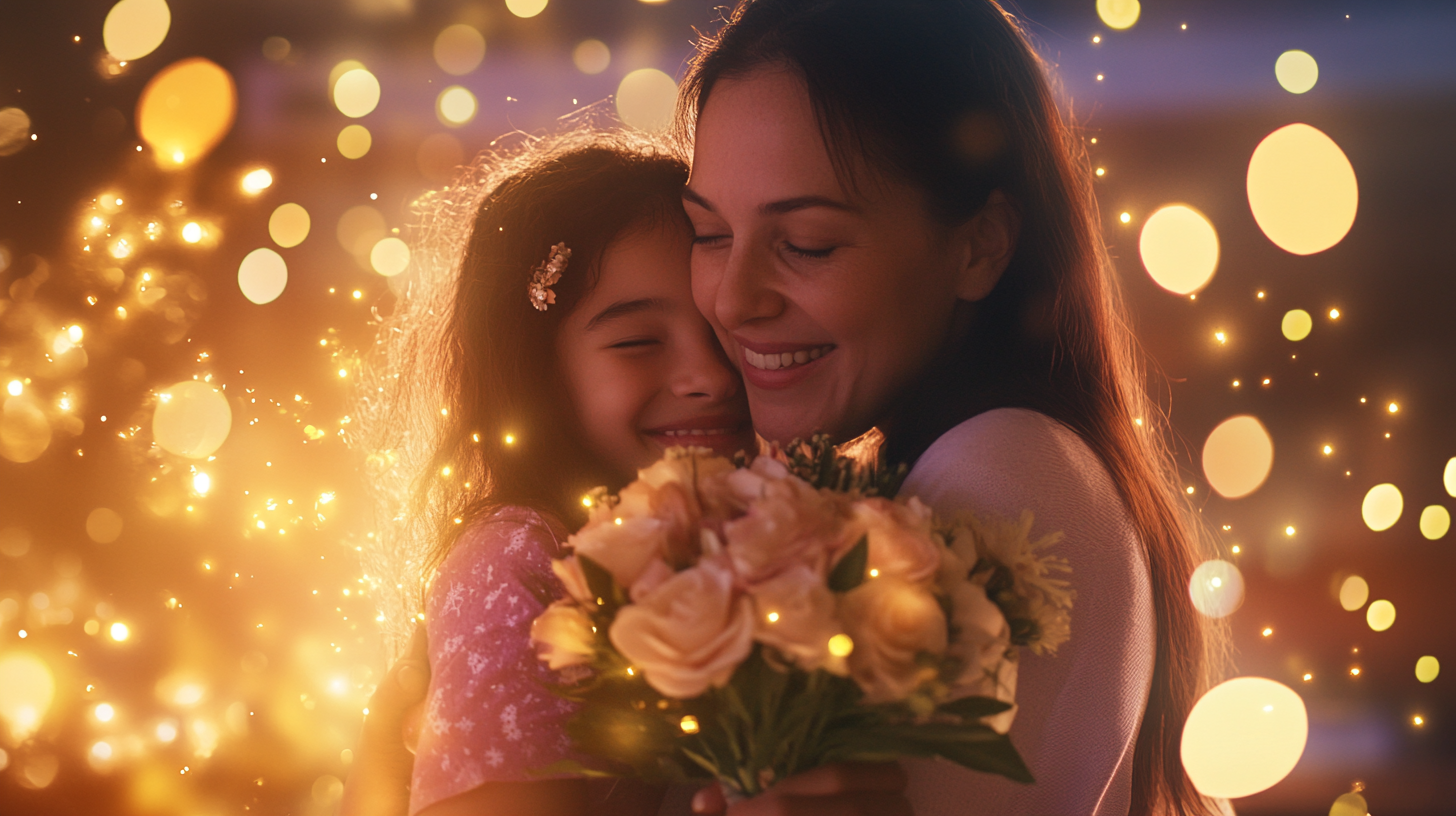 Happy Brazilian mother and daughter embrace with flowers