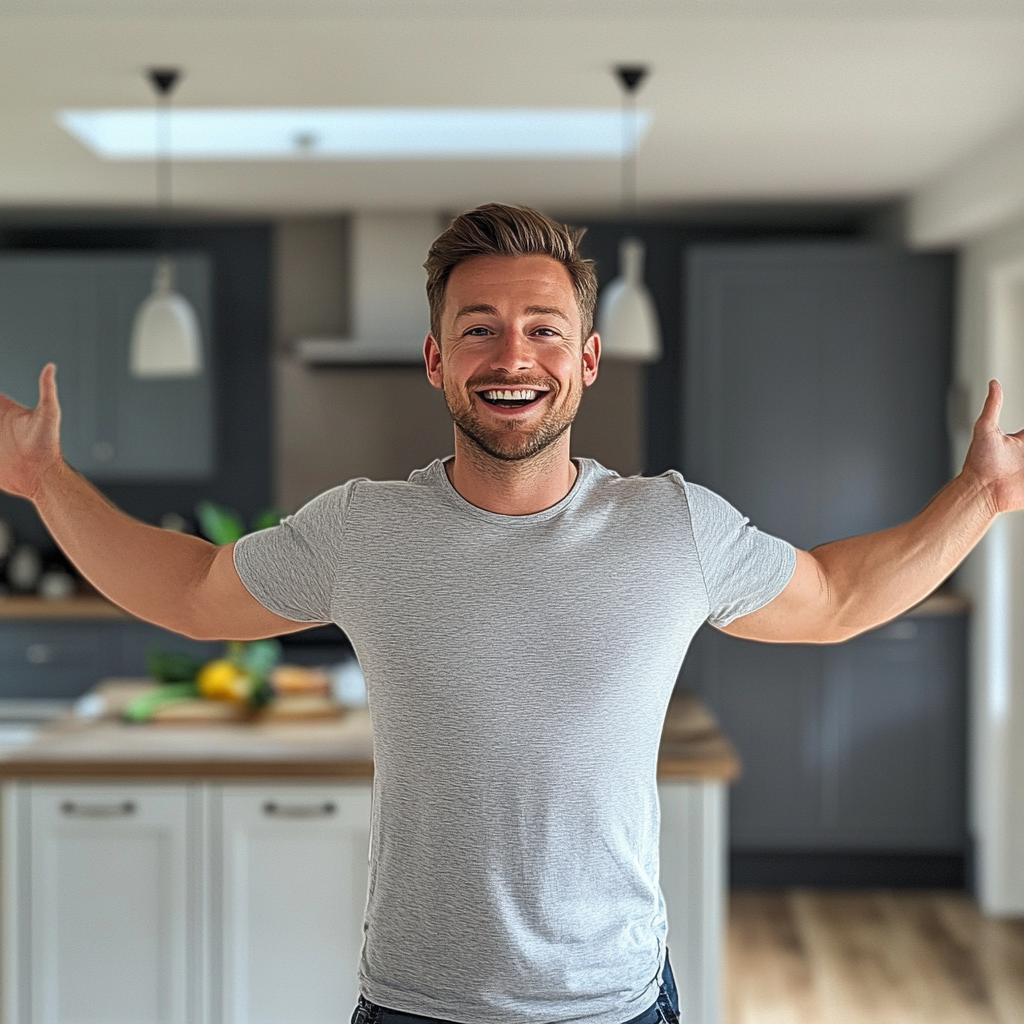 Happy British man in renovated kitchen, opening arms, natural.