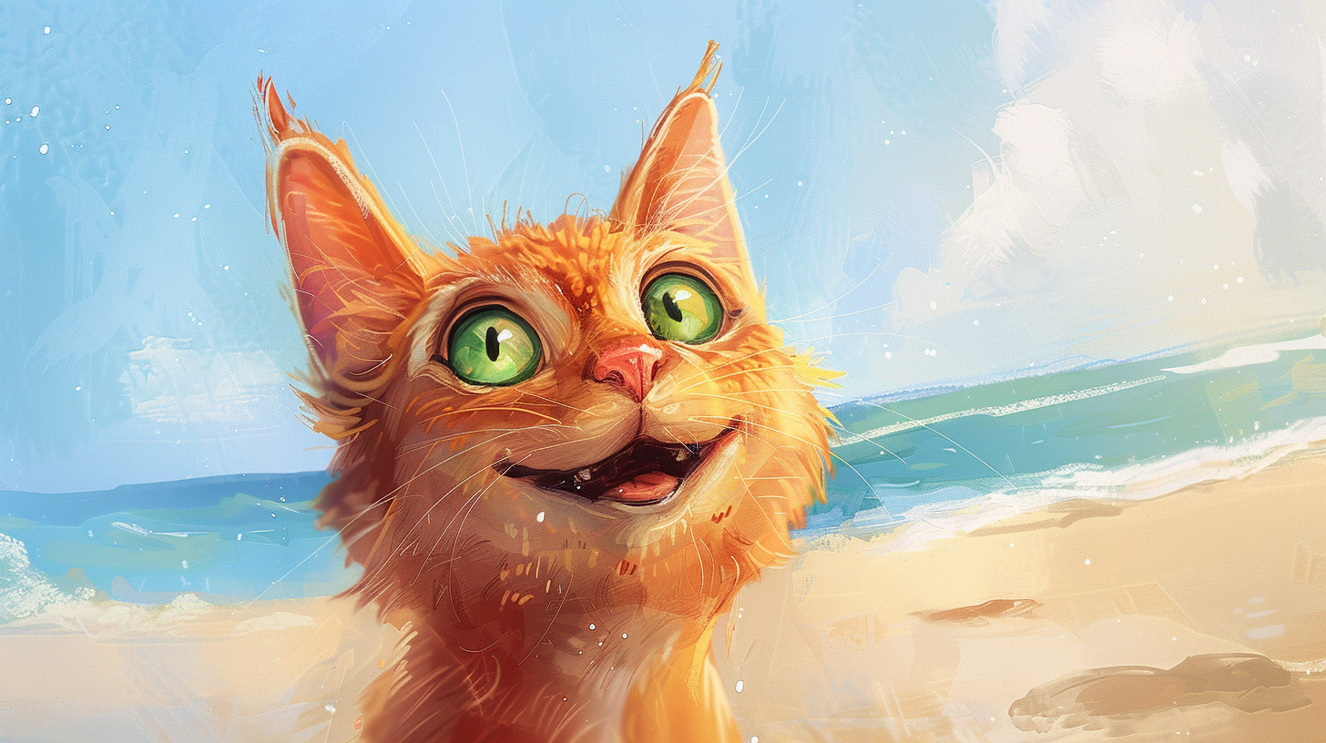 Happy Cat with Big Green Eyes on Beach