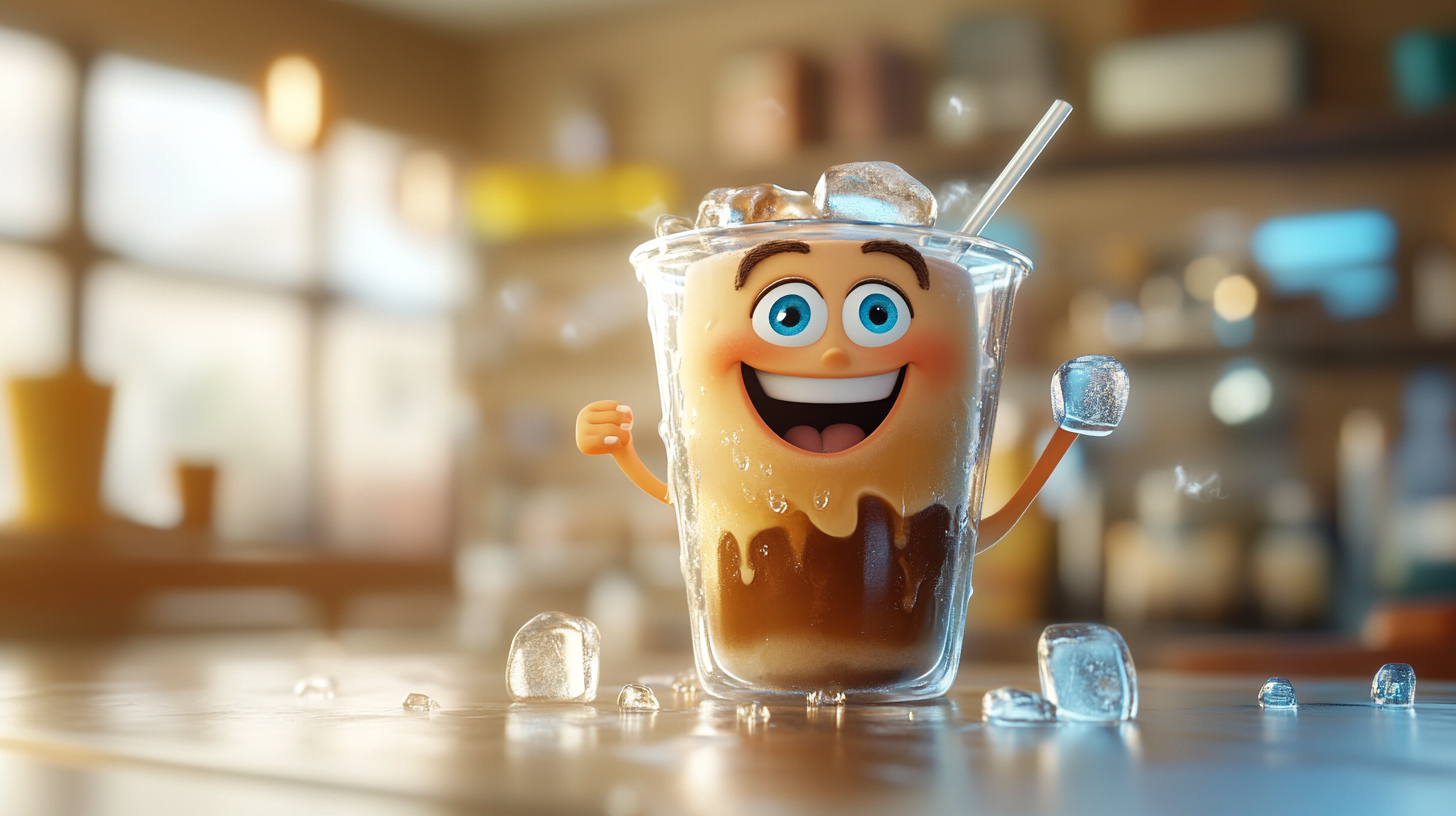 Happy Character Enjoying Iced Americano Drink