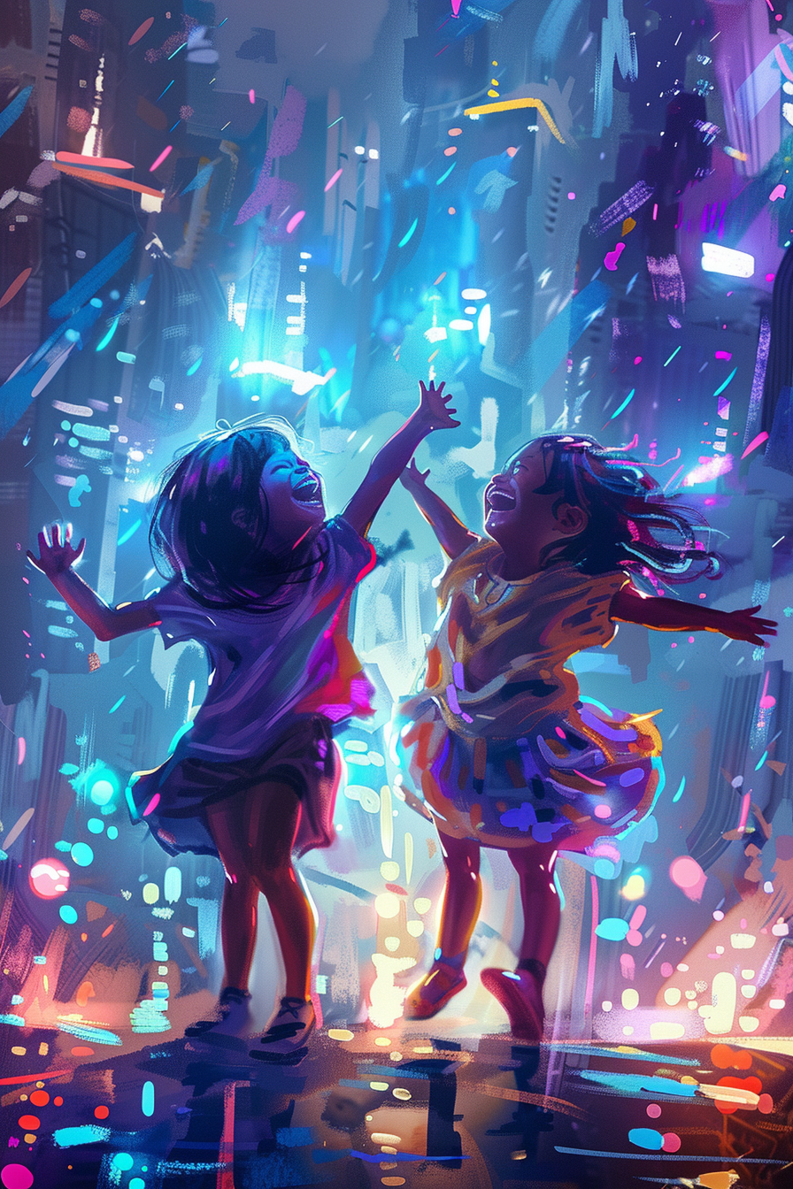 Happy Children Dancing in Cyberpunk City Background Sketch