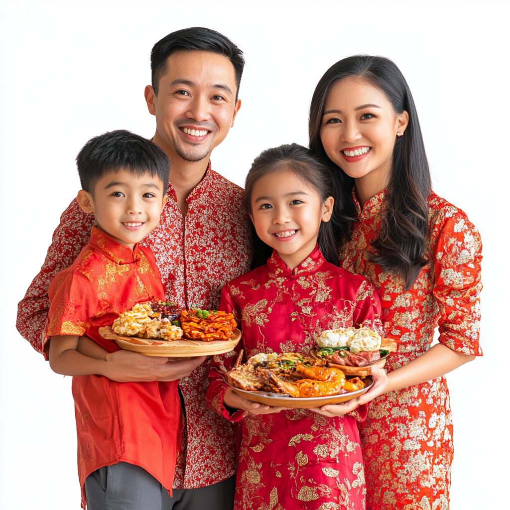 Happy Chinese Filipino family celebrating Chinese New Year with food.