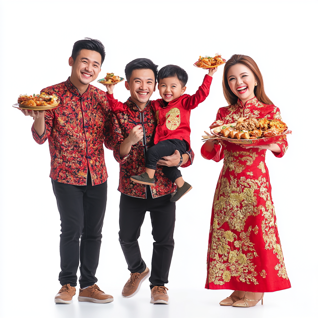 Happy Chinese Filipino family celebrating New Year with food.