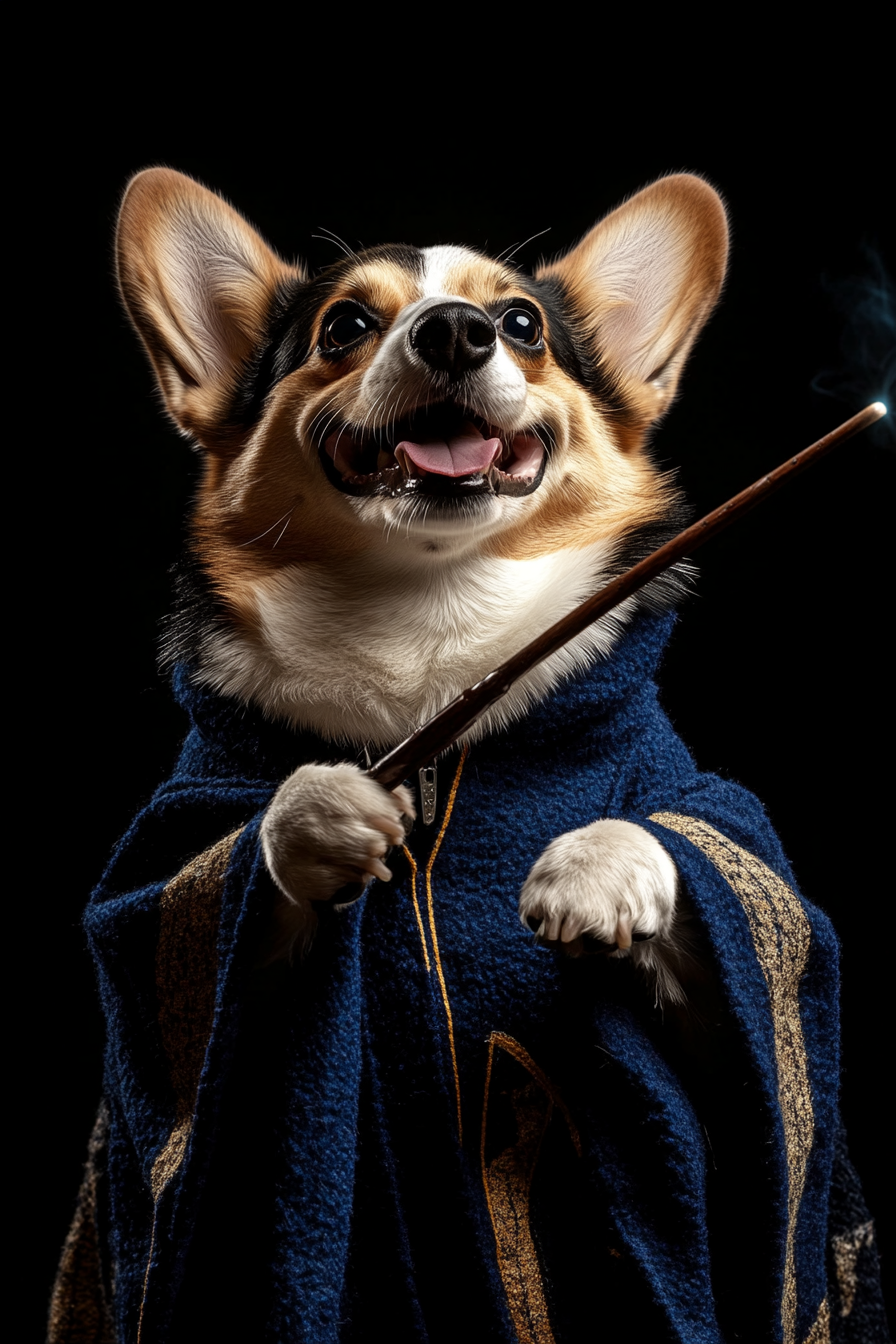 Happy Corgi in Ravenclaw Costume Casting Spell