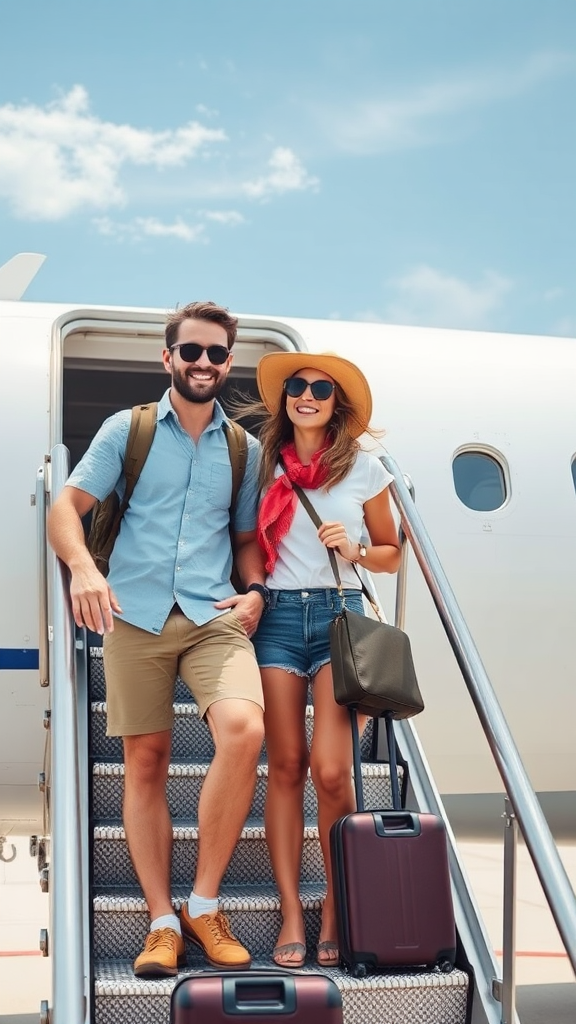 Happy Couple Boarding Plane Airport Vacation