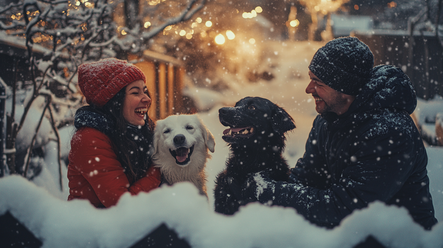 Happy Couple Finds Dogs in Snowy Oslo Garden