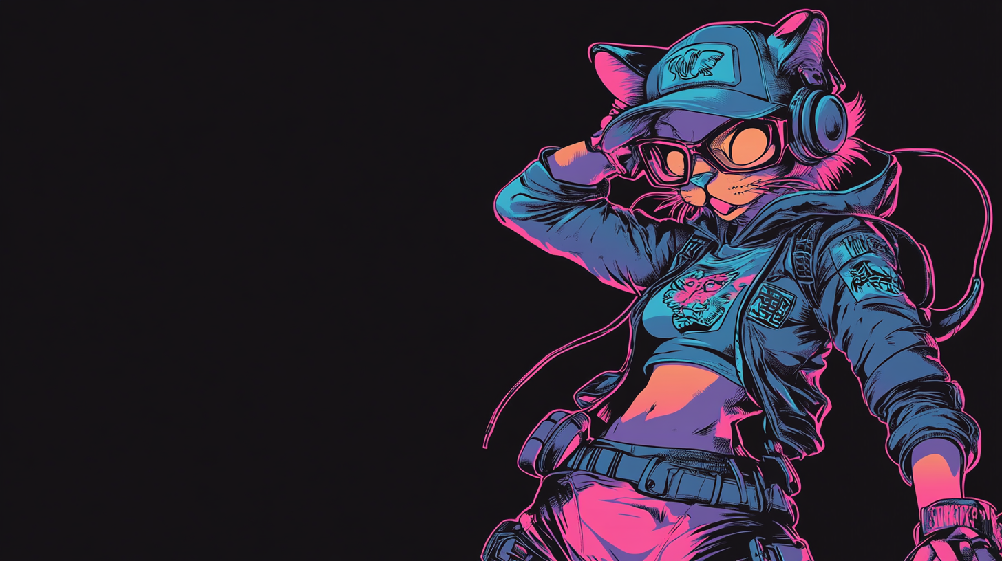 Happy Dancing Teenage Tiger in Cyberpunk Neon Colors