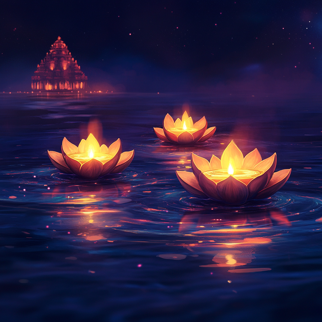 Happy Diwali Banner with Glowing Lotus Diyas