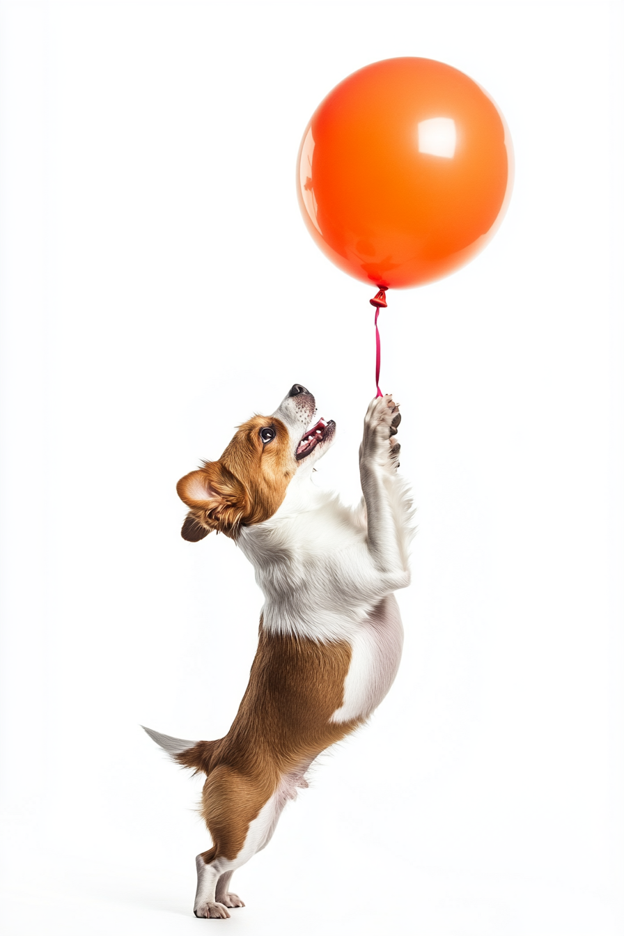 Happy Dog Floats Orange Balloon Upward