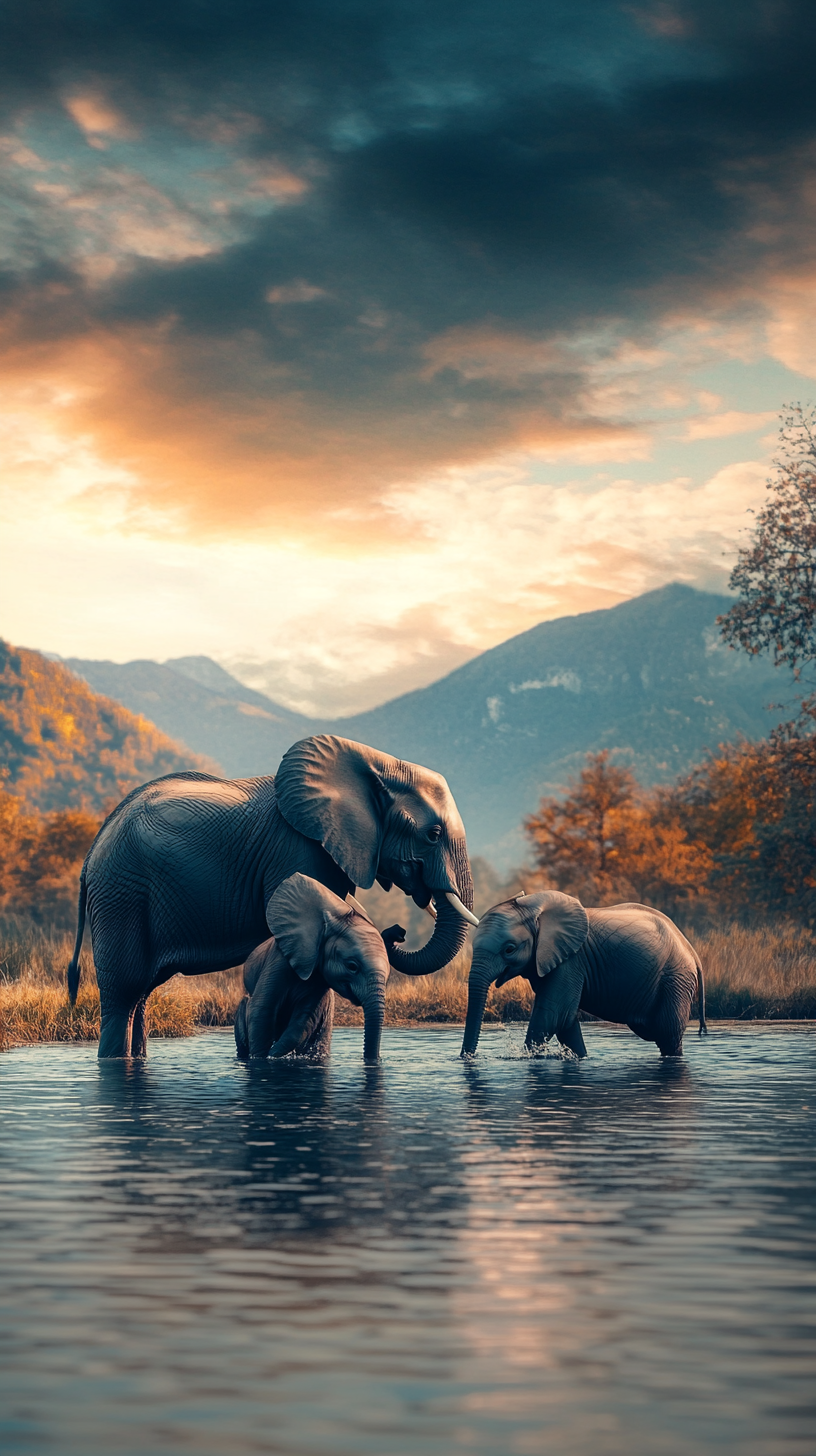 Happy Elephant Family Playing in Wild Lake