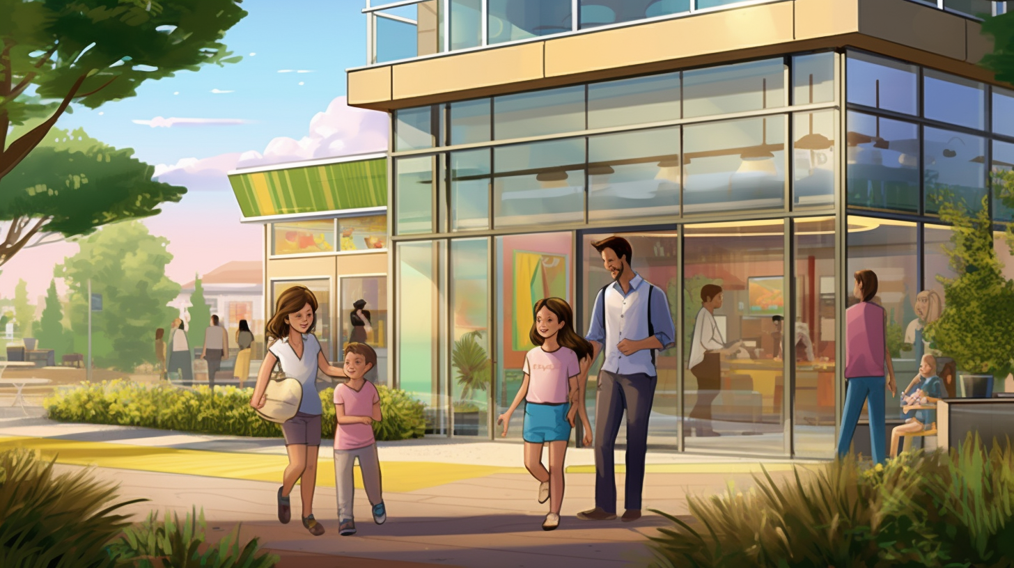 Happy Family Admiring Green, Modern Commercial Building