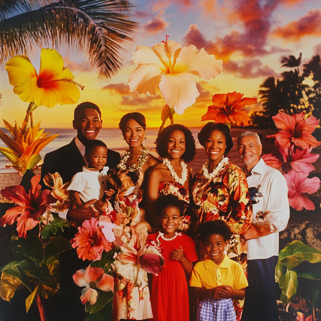 Happy Family Vacation in Hawaii at Sunset