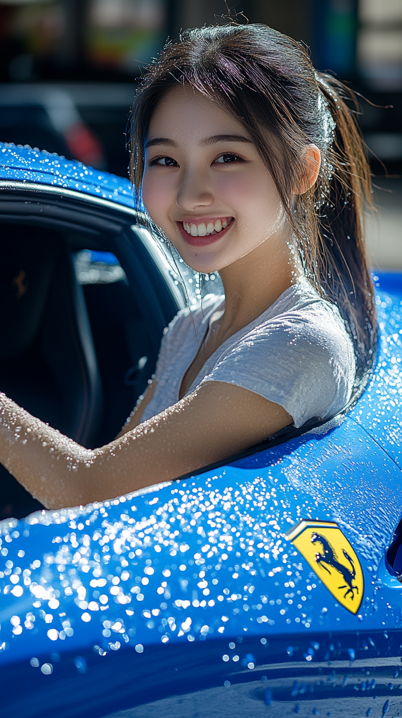 Happy Girl Cleaning Blue Ferrari with Sparkling Water