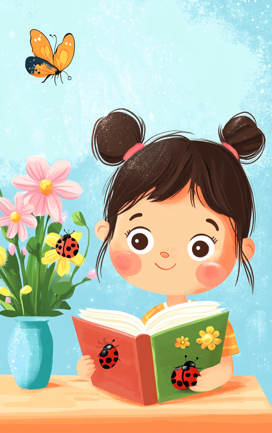 Happy Girl Reading with Ladybugs and Butterfly