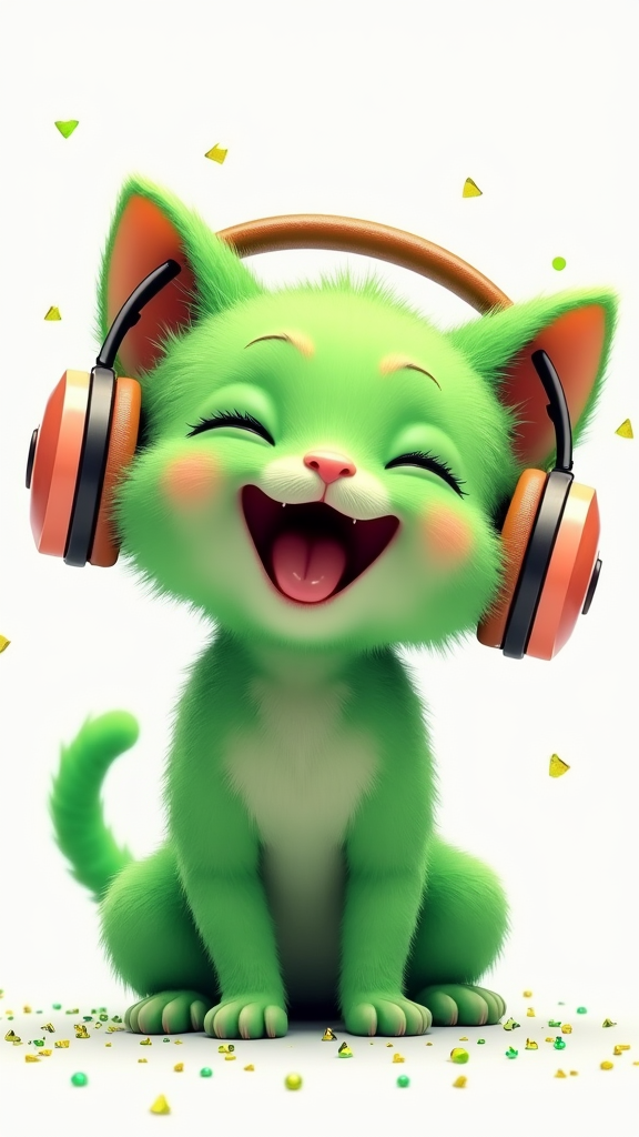 Happy Glittered Acid Green Baby-Kitten in Headphones