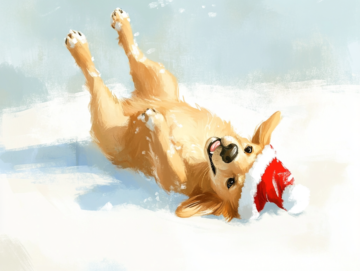 Happy Golden Retriever dog wearing Santa hat playing in snow.