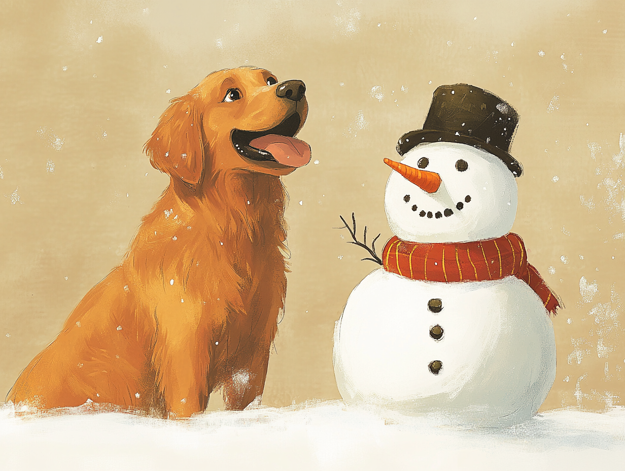 Happy Golden Retriever with Snowman in Christmas illustration