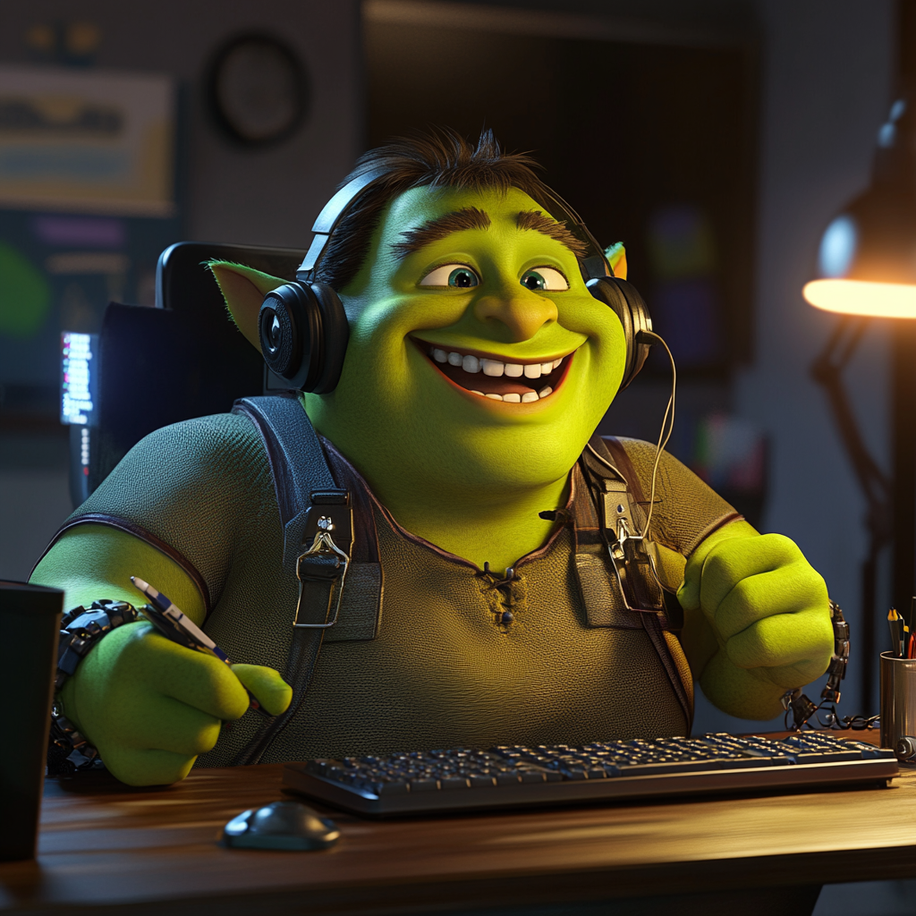 Happy Green Orc Call Center Worker, 3D Pixar Render