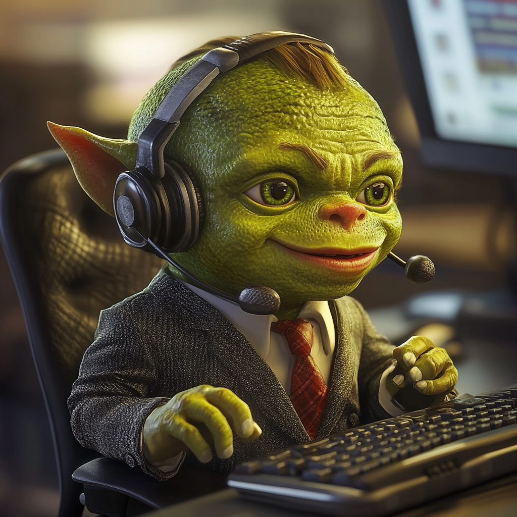 Happy Green Orc Child in Call Center - 3D Pixar Render