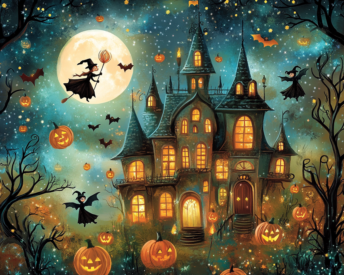 Happy Halloween: witches, cats, bats, haunted mansion, magic.