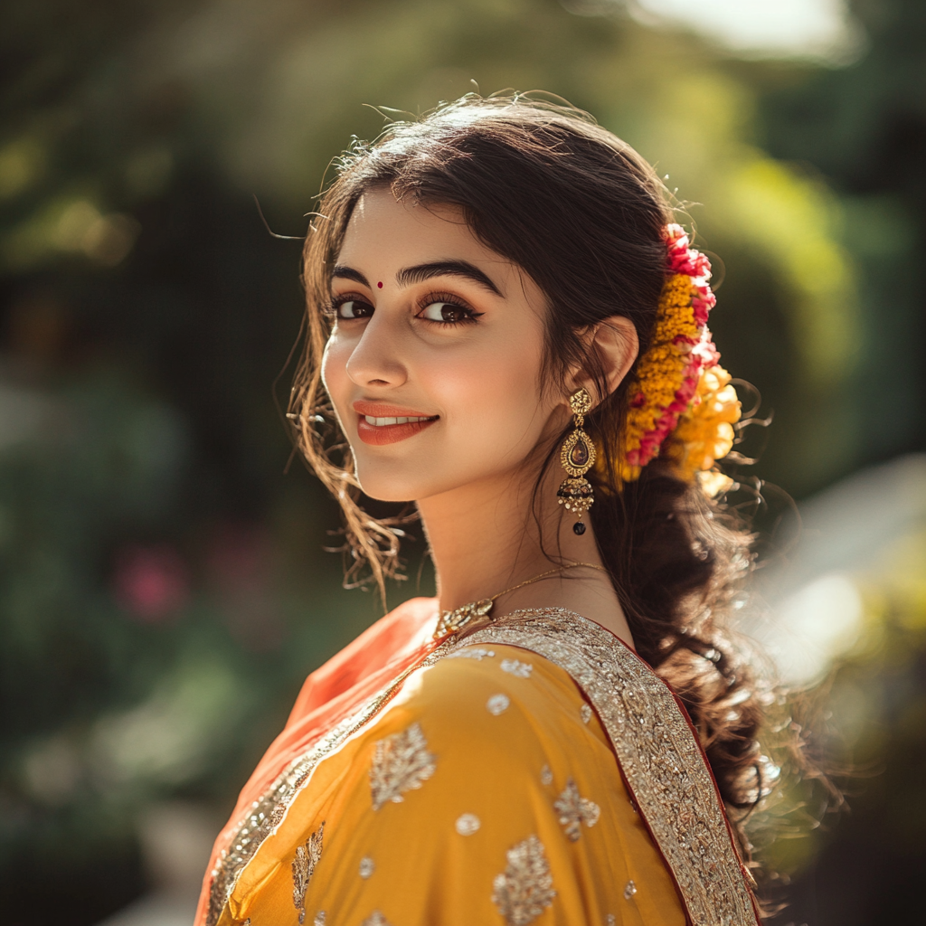 Happy Indian Model in Traditional Diwali Clothes Top View Photoshoot