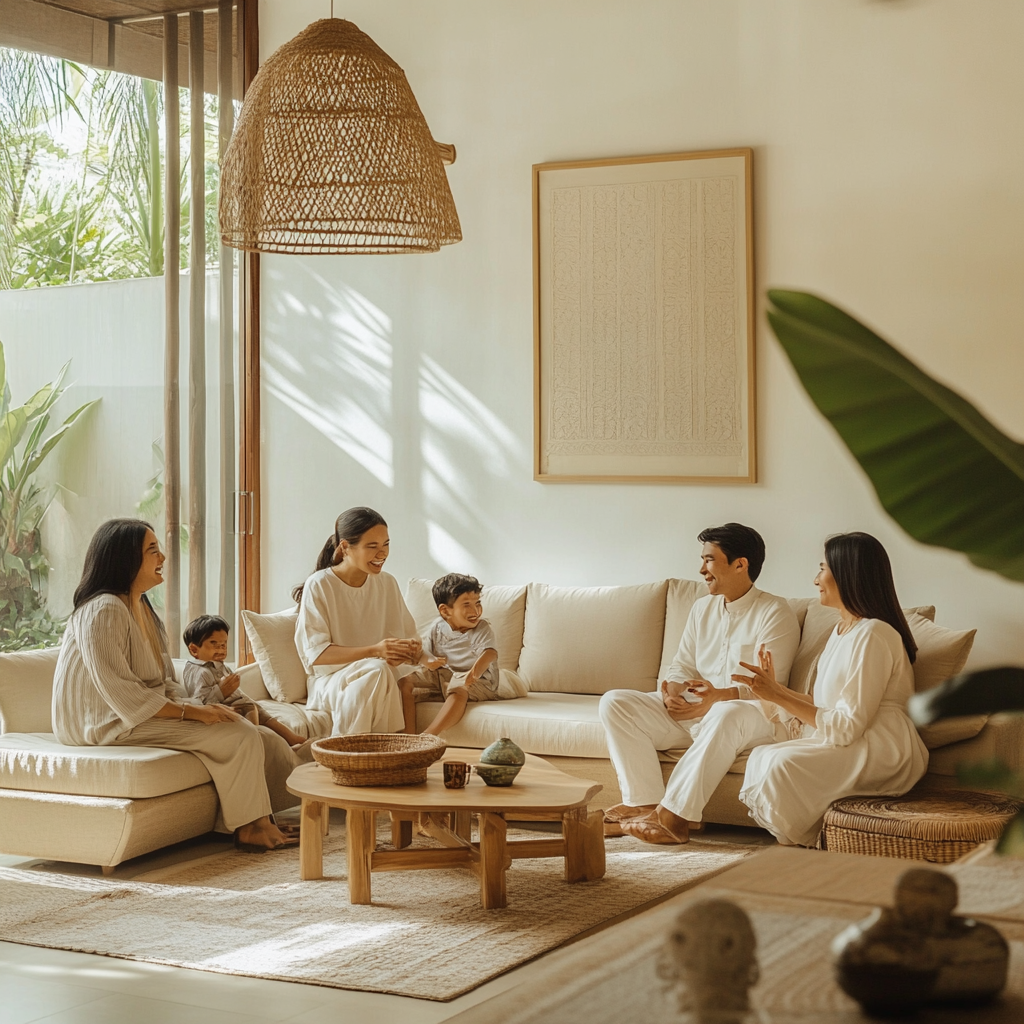 Happy Indonesian family talking in modern living room.