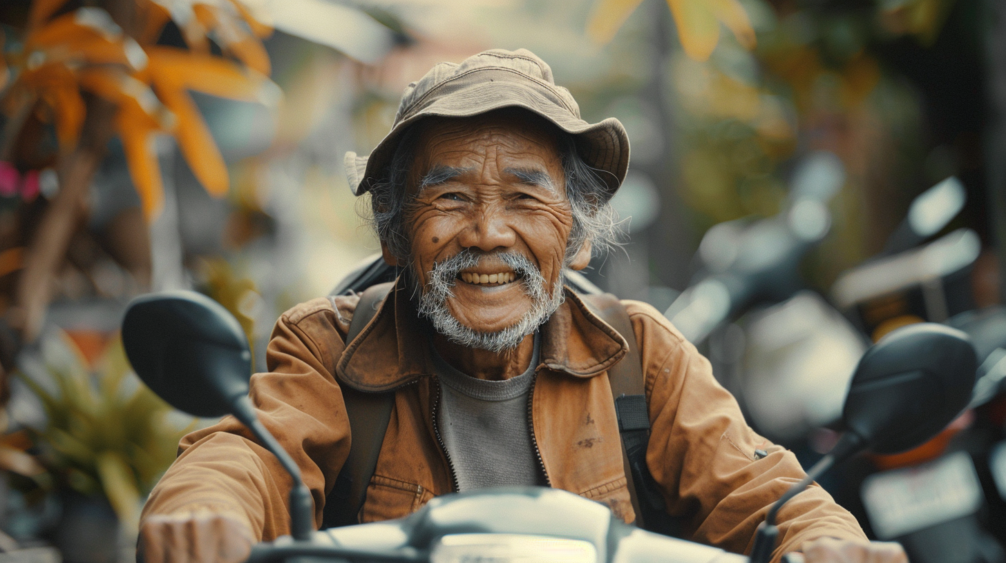 Happy Indonesian man rides Yamaha RX King in garden