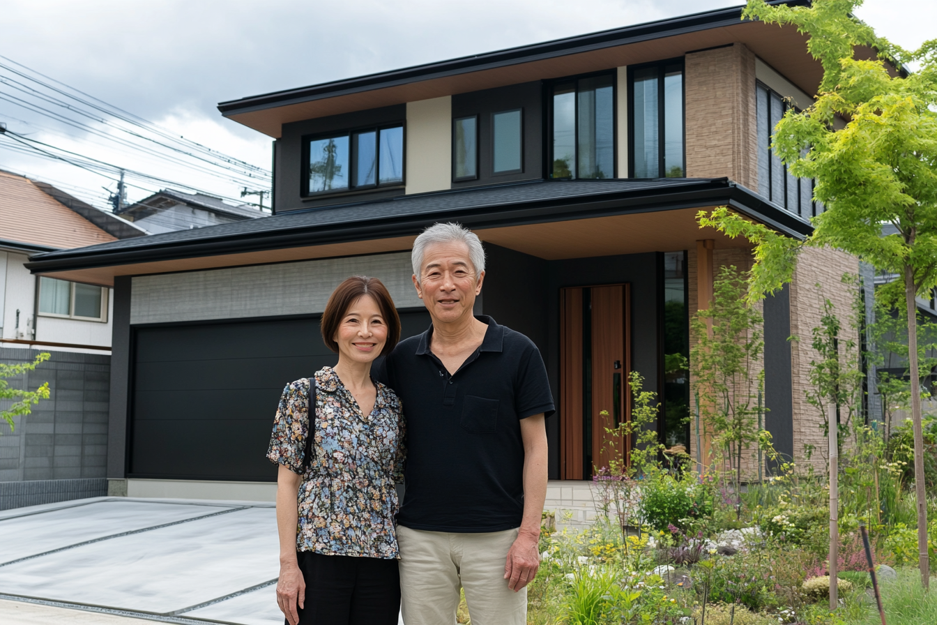 Happy Japanese couple in front of new home