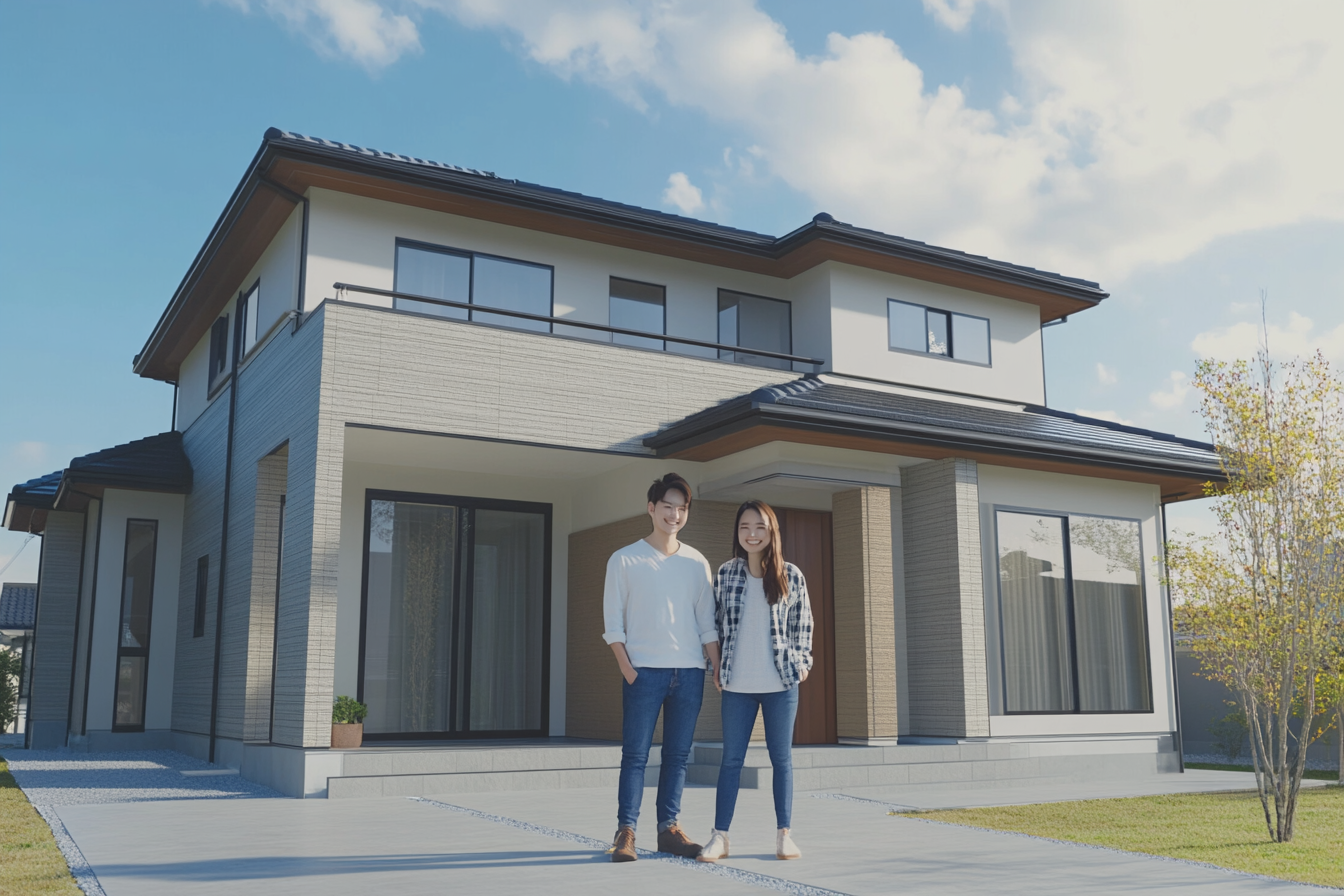 Happy Japanese couple in front of their new house