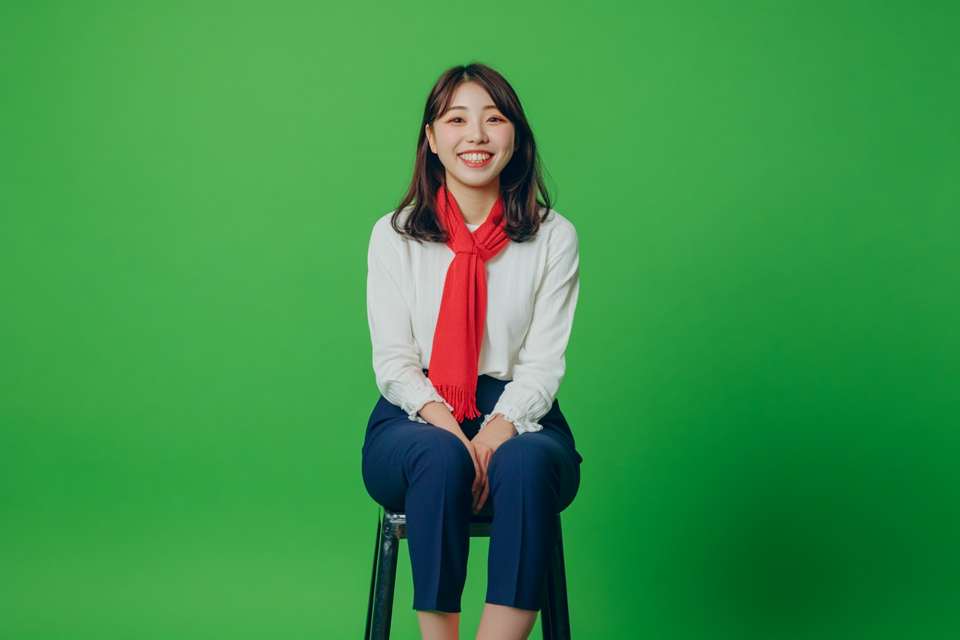 Happy Japanese woman sits confidently on stool, bright colors.