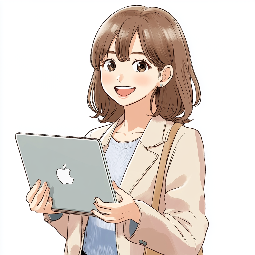 Happy Japanese woman using Mac computer, thinking positively.