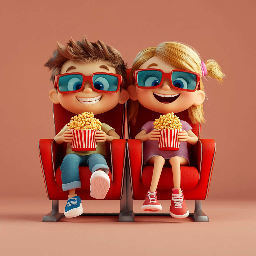 Happy Kids Eating Popcorn in Cinema