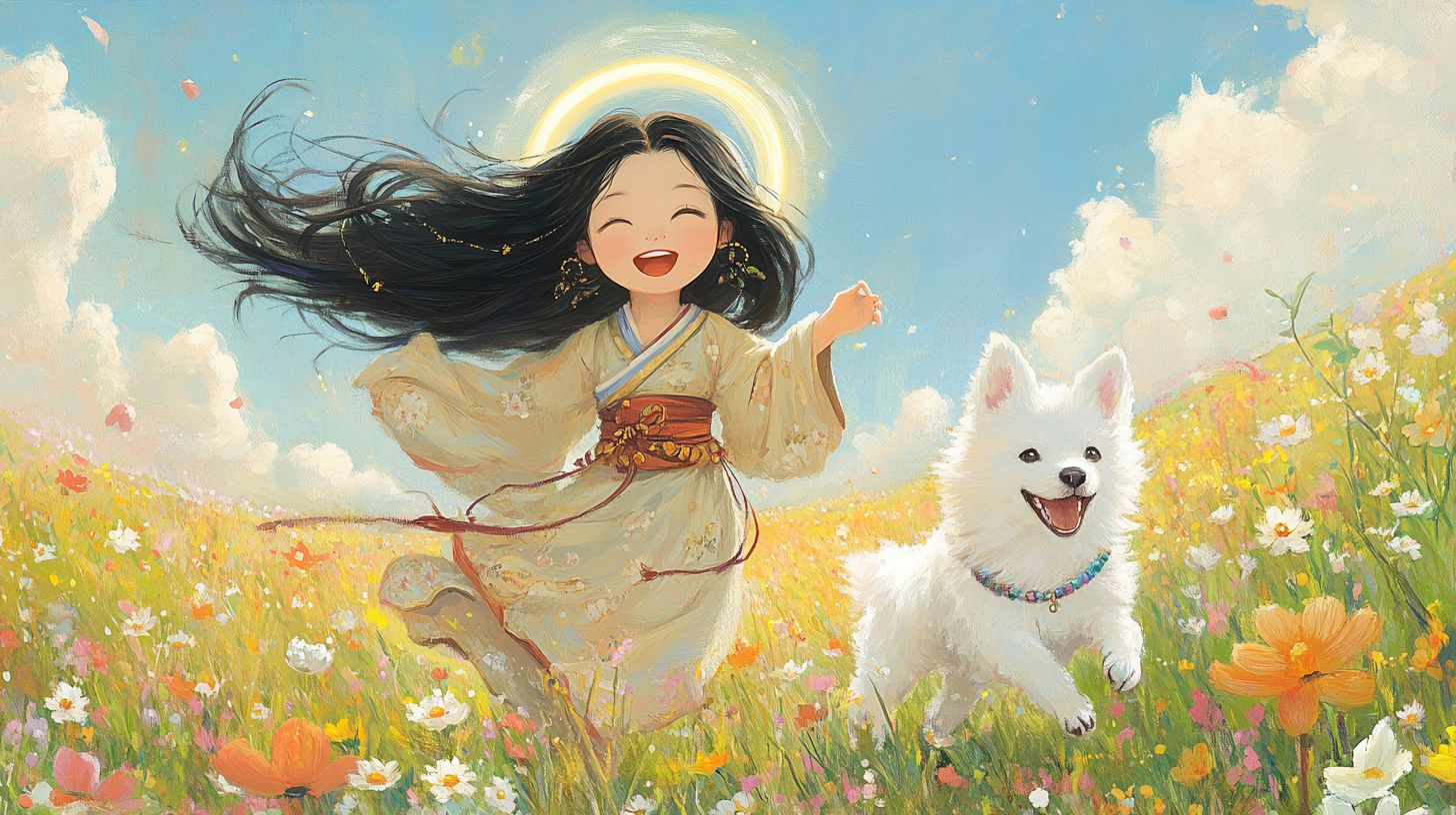 Happy Korean girl bodhisattva and Baekgu in field