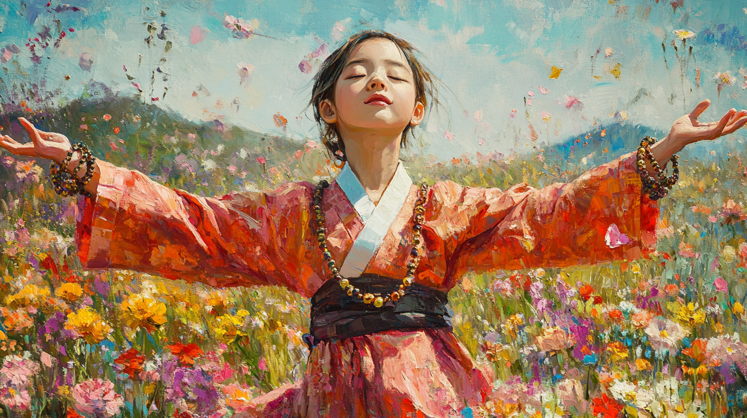 Happy Korean girl dancing in field of flowers peacefully.